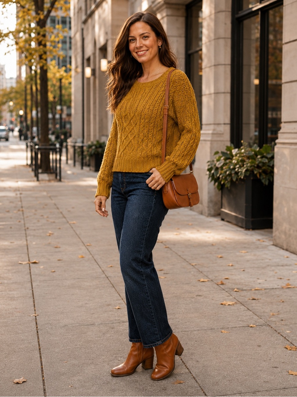 She + Sky Mustard Cable-Knit Cropped Sweater – Size M